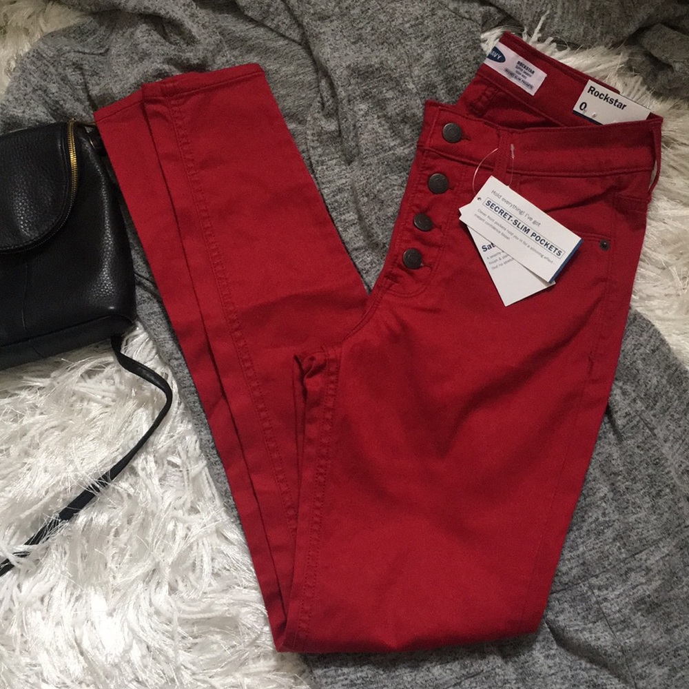 New Old Navy Women’s Red High-Waisted Sateen Rockstar Super Skinny Jeans